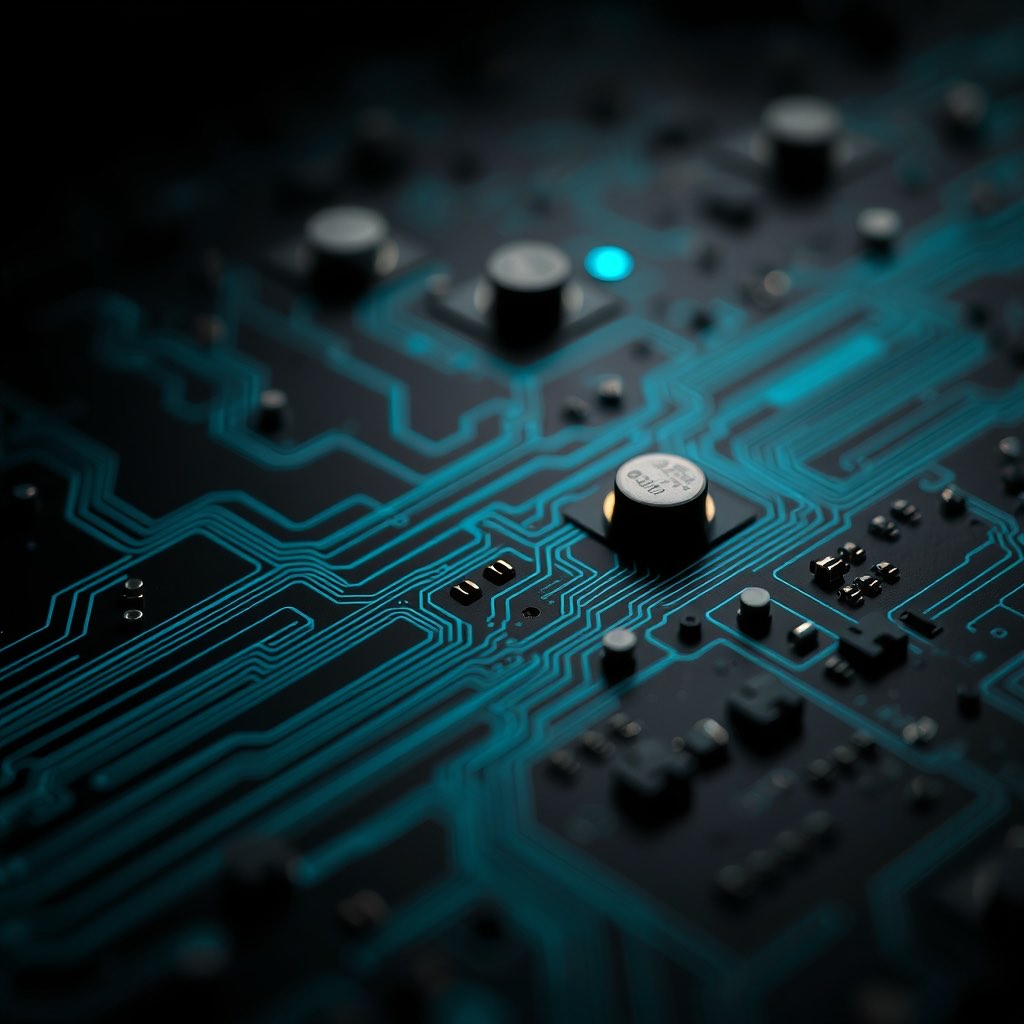 Macro view of a dark printed circuit board with cyan traces
