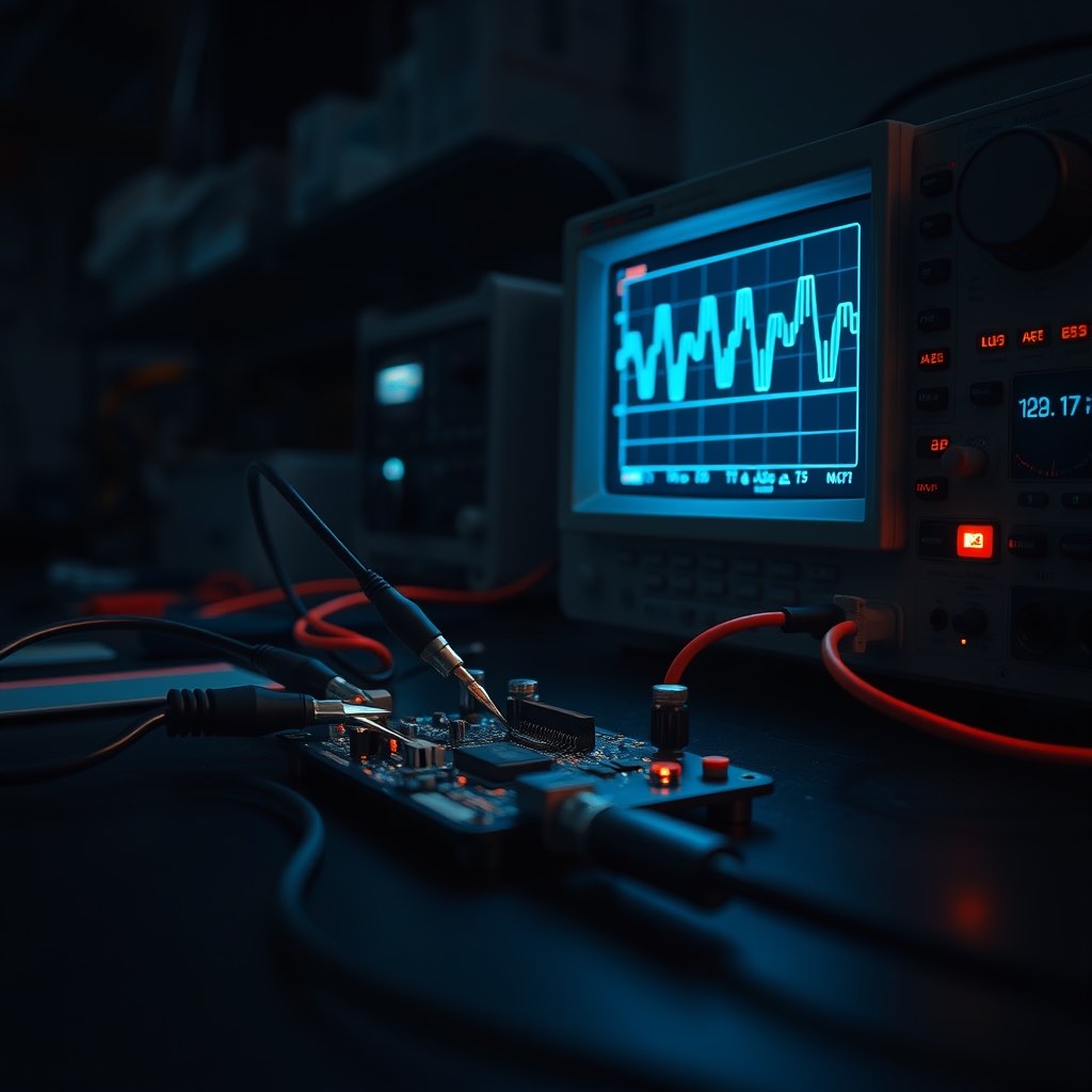Oscilloscope probing a prototype circuit board on a dark electronics bench